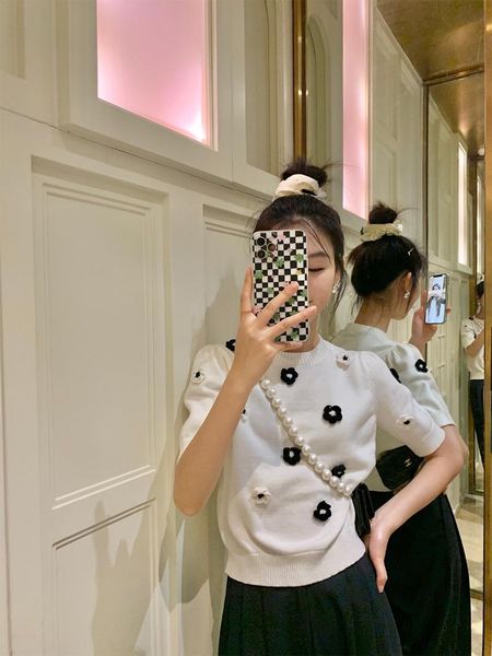 

women's t-shirt juice snow 2021 women summer tshirt knit three-dimensional black and white small flowers round neck short-sleeved sweat