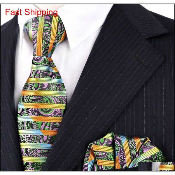 

trendy f14 multicolor stripes paisley green yellow blue mens ties necktie 100% silk jacquard woven tie sets han qylokx bdehome, Blue;purple