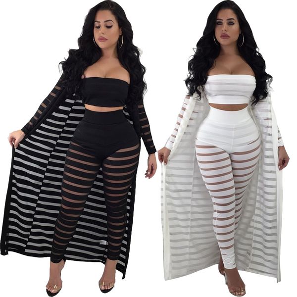 

women striped 3 piece set long sleeve female winter long coat pants oversize 3xl style ing, White