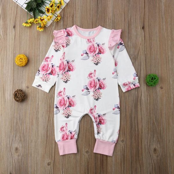 

jumpsuits born baby girls romper, floral print long sleeve round neck ruffled pants jumpsuit, Blue