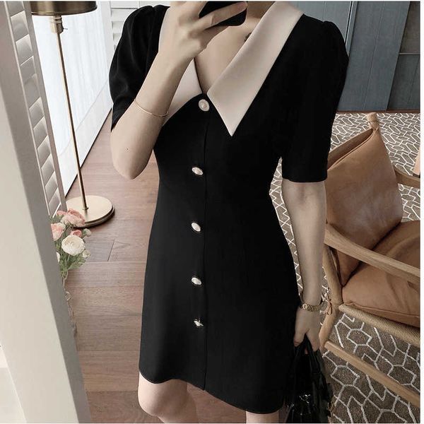 

luxury evening dress black contrast collar fragrance summer temperament lapel small black women's short sleeve skirt, Black;gray