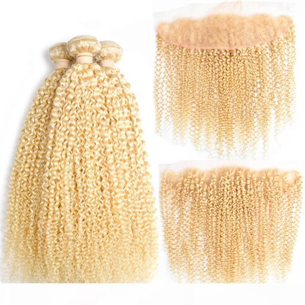 

10-26inch brazilian virgin kinky curly 613 blonde bundles with frontal grade color 613 3 bundles hair with frontal 13*4, Black