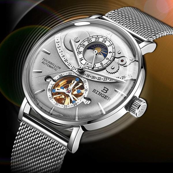 

wristwatches binger skeleton mechanical men watches moon phase switzerland automatic watch full steel relogio masculino waterproof clocks, Slivery;brown
