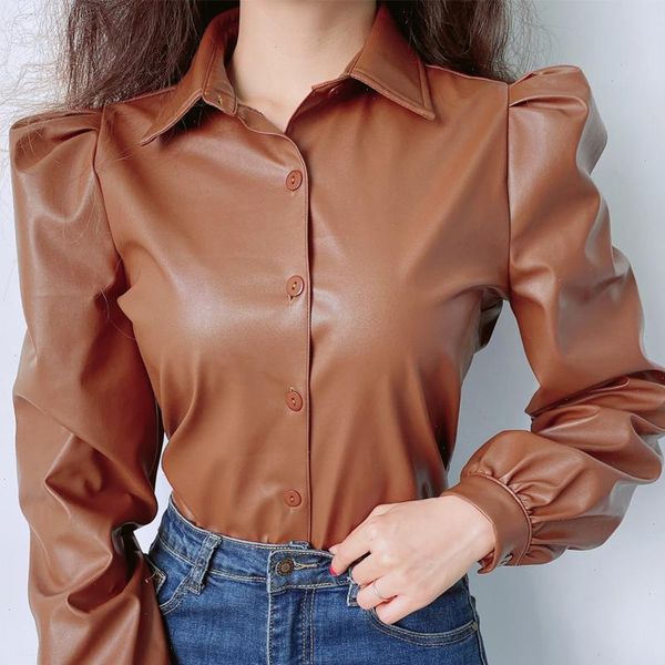 

vintage women solid faux leather shirts autumn winter puff shoulder buttons shirt fashion female turn down collar shirts, White