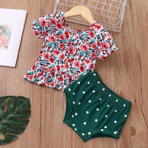 

clothing sets 2021 baby girl clothes set 2 pcs flower print short sleeve +dot briefs boho summer girls 0-18m, White