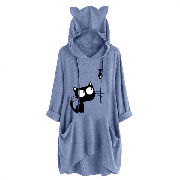 

40 cat print cute ear womens shirts hooded long sleeves pocket irregular casual spring elegant drawstring shirt, White
