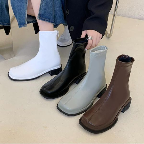 

boots winter shoes women ankle 2021 brand design chunky heels soft pu leather fashion all-match autumn booties, Black