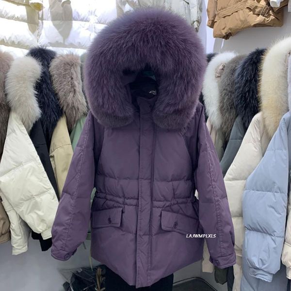 

women's down & parkas winter 90% white duck coat women big large natural fur hooded jacket casual loose thick pocket tie up parka snow, Black