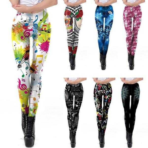 

women's leggings women legging starry sky stripe skull note music printing fitness leggins fashion slim high waist pants s, Black