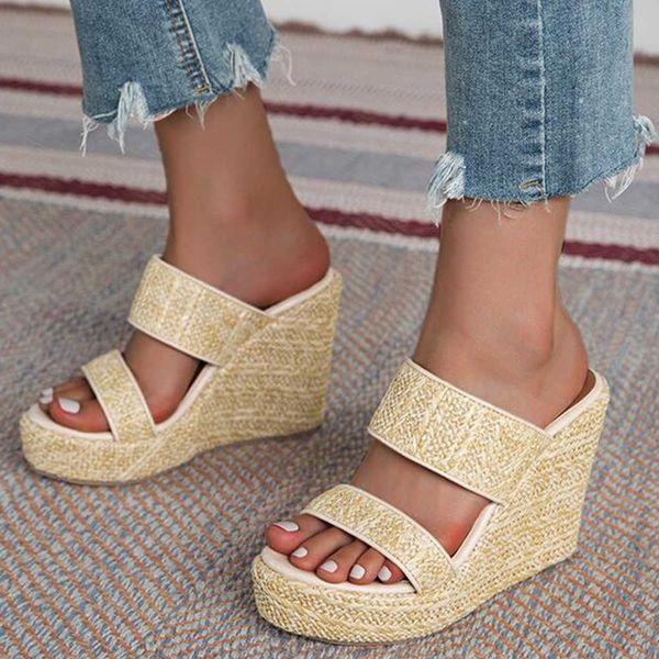 

platform wedges slipper sandals ladies shoes fashion heeled casual summer straw slides female q577 210625, Black