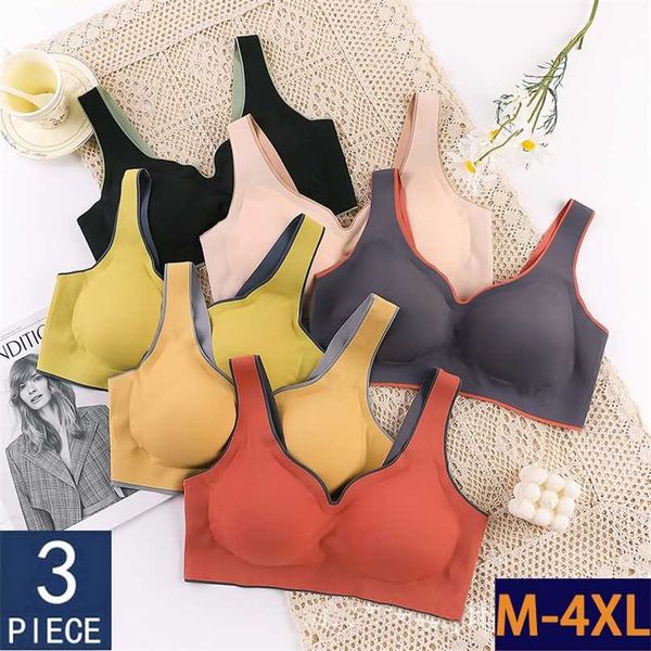 

3pcs latex plus size push up bralette seamless bras for women brassiere bra vest gathers shock-proof pad 211110, Red;black