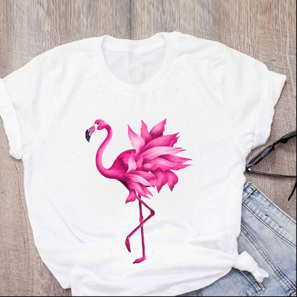 

new t shirt women cotoon animal flamingo printed fashion short sleeve tees o neck couple casual t shirt, White