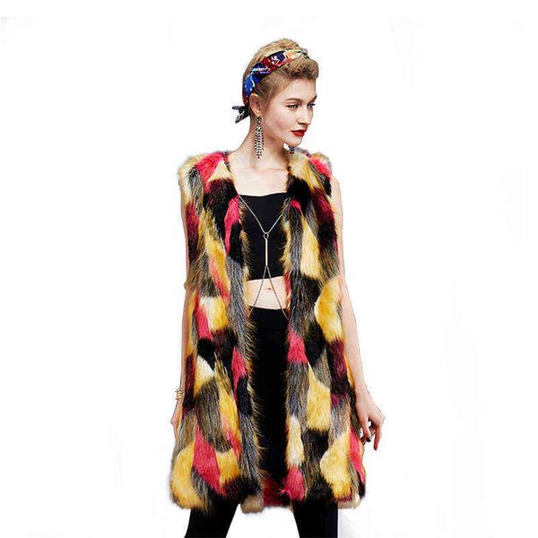 

women's long fur coat colorful fur vest imitation fur vest 211207, Black