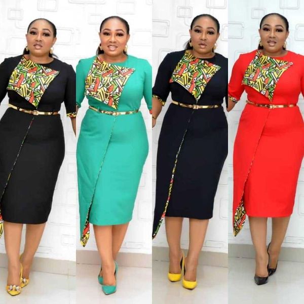 

ethnic clothing 2021 autumn elegent african women printing polyester o-neck knee-length dress, Red