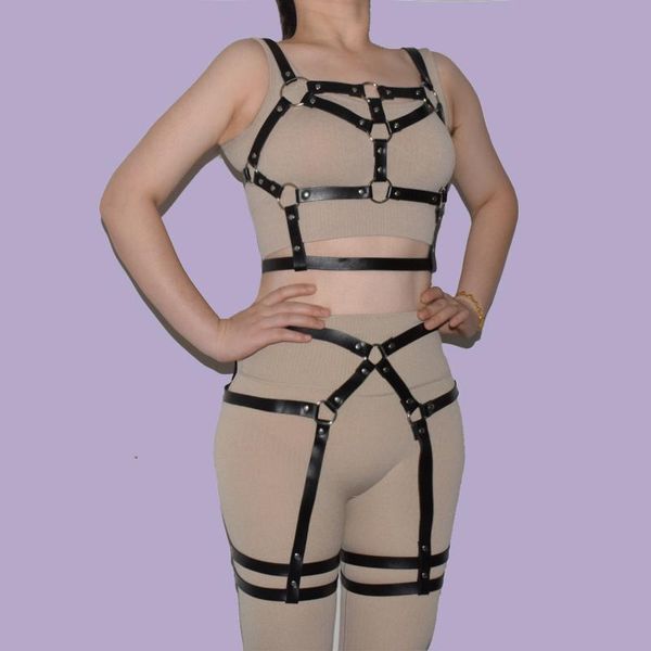 Gürtel 2pc Set Leder Körper Harness Für Frauen Goth Sexy BH Taille Zu Bein Bondage Käfig Fetisch Punk Gürtel hosenträger Zubehör