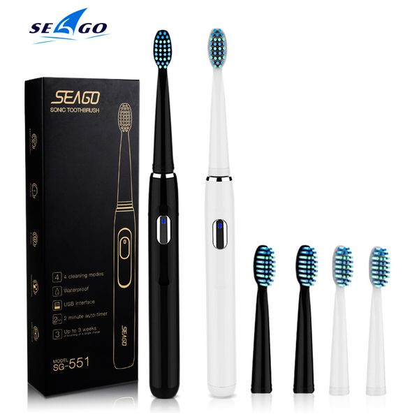 

seago sonic electric toothbrush sg-551 with replace brush heads 4 clean modes one key operation sonic vibration waterproof brush 210310