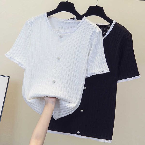 

l-4xl large size women fasion button thin sweater pullover loose casual short sleeve o neck summer kint t-shirt female jumper 210604, White;black