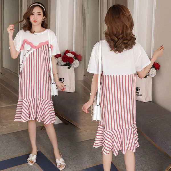 

maternity dresses 931# clothes summer cotton o neck patchwork stripe short sleeves loose stylish dress pregnant women mom, White