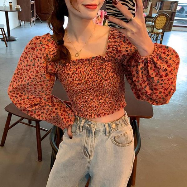 

women's blouses & shirts women vintage floral print casual blouse office ladies puff sleeve elastic pleated corduroy chic chemise blusa, White