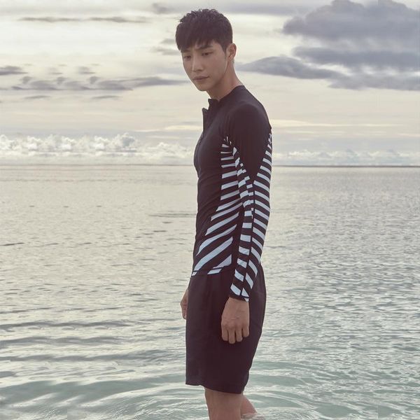 

one-piece suits men's rash guard set of 2 piece swimsuit sun protection swimwear long sleeve zip shirt & trunks beach youth