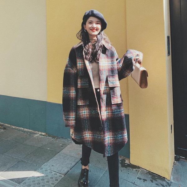 

women's wool & blends korean style 2021 autumn and winter plaid stitching woolen coat loose warm fashion mid-length jacket, Black