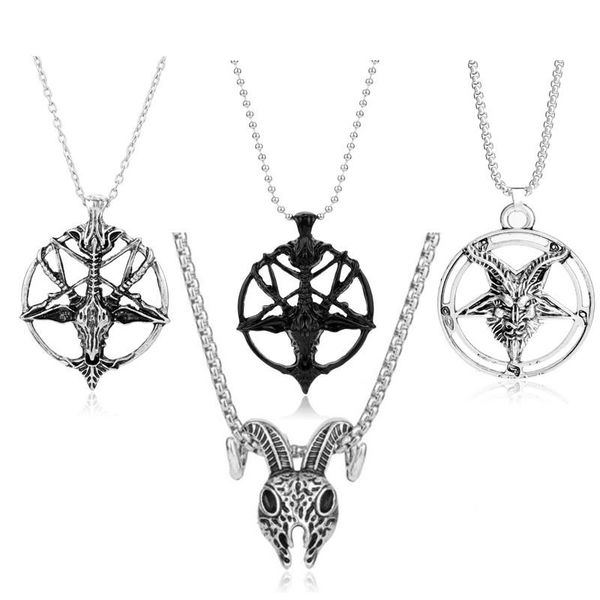 

chains fashion retro pentagram pan god skull goat head pendant necklace luck satanism occult metal vintage silver plated star