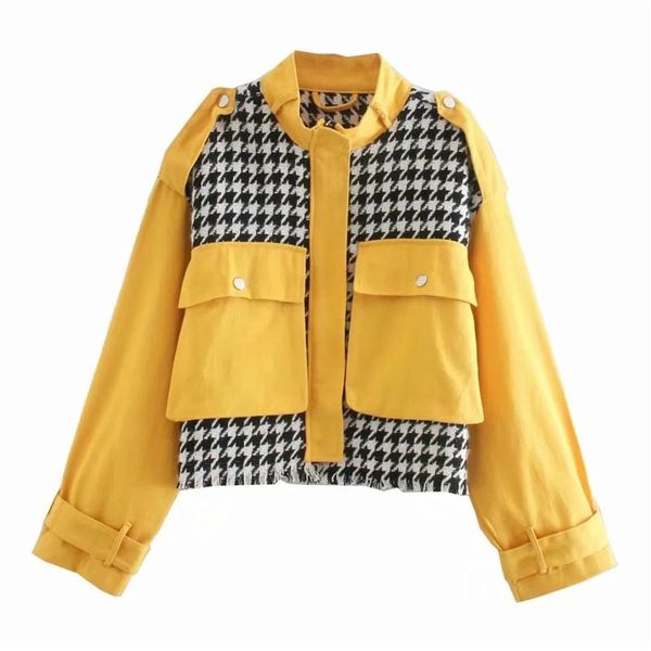 

women's jackets woman casual yellow loose plaid patchwork 2021 autumn vintage female pocket girls oversized houndstooth outwear, Black;brown
