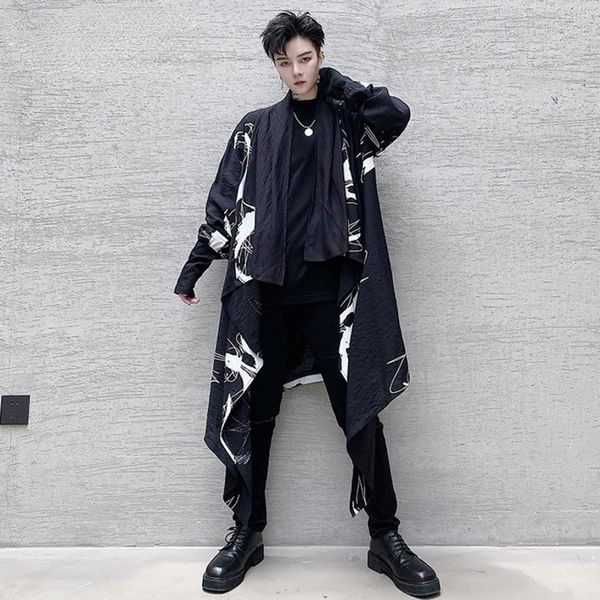 

autumn 2021 new pile collar irregular geometric pattern men's medium long windbreaker black japan style trench coat, Tan;black