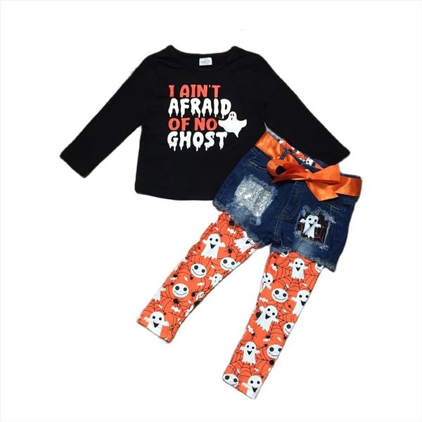 

halloween baby girls ruffles boutique cotton outfits ghost denim jeans shorts legging set kids clothing, White