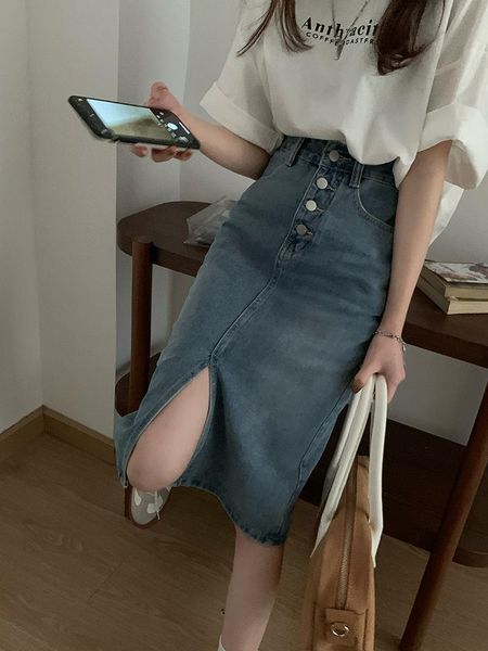 

denim skirt, high waist, thin, split, hip, all-match mid-length skirt, female spring 2021 new a-line skirt, Black