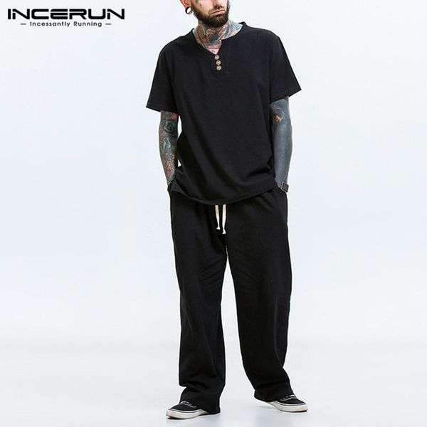 

mens solid color suits chinese style cotton sets incerun long sleeve buttons drawstring pants loose suits men cozy sets 5xl, Gray