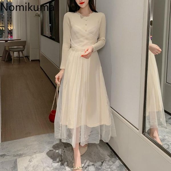 

casual dresses nomikuma gauze patchwork mid calf dress women slim waist long sleeve autumn knitted female vestidos mujer 3d561, Black;gray