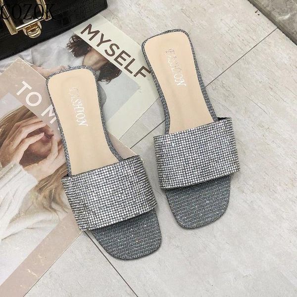 

slippers summer women's fashion all-match simple vamp rhinestone decoration trend outer wear low-heeled, Black
