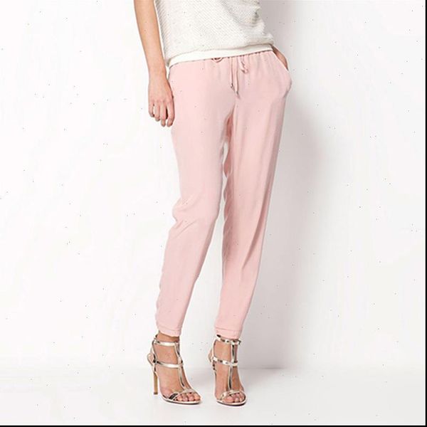 

new womens casual solid color drawstring elastic waist chiffon trousers harem pants trousers for women female pants, Black;white