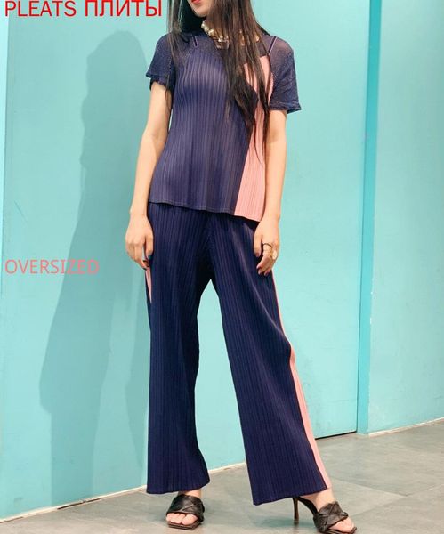 

new miyake pleated two piece suit + wide leg pants two piece set temperament korean women's wear trousers set, White