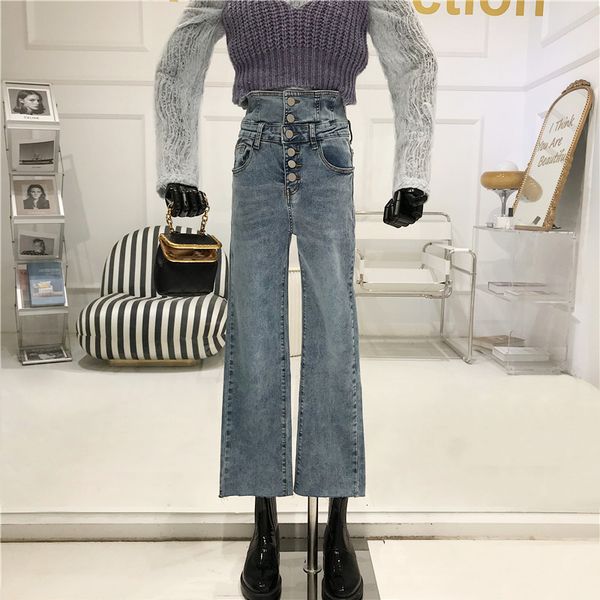 

high-waist blue breasted spring jeans versatile skinny pants 1ux4, Black;white