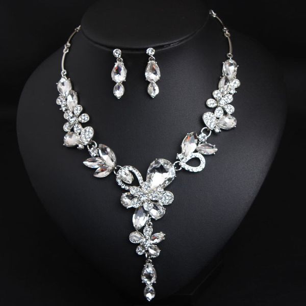 

exaggerated necklace crystal glass earrings set fashion feminine accessories, Silver