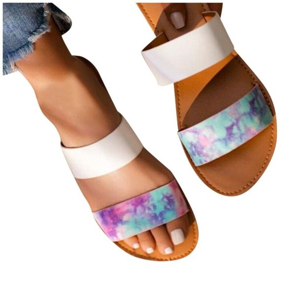 

slippers fashion women large size tie-dye printed one-line casual and breathable flat-heel vacation beach sandals sandalias de mujer, Black