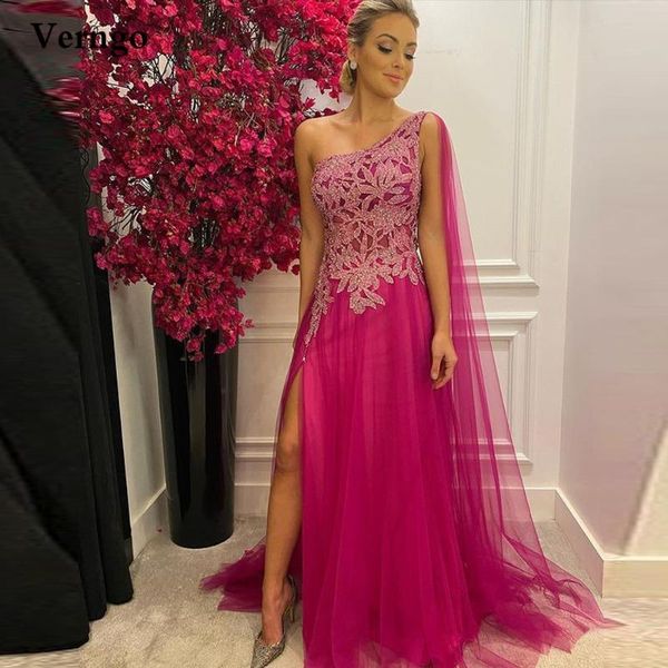 

party dresses verngo fushcia tulle long prom one shoulder lace applique beads side slit evening gowns 2021 formal occasion dress, White;black