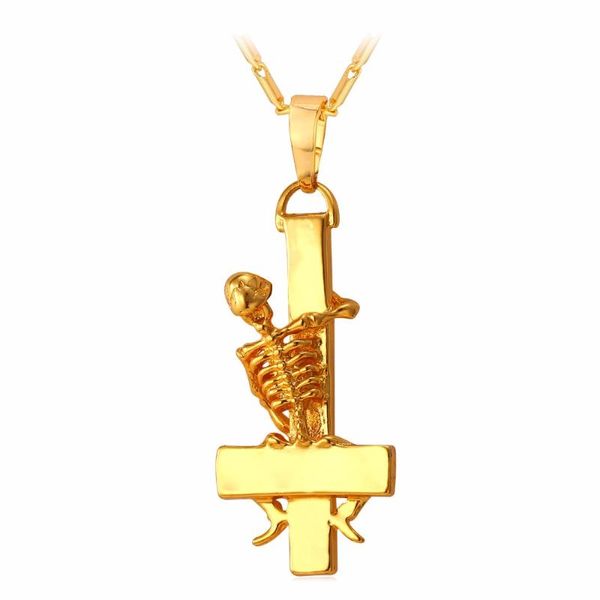 Colares de pingente U7 Invertido St. Peter Cruz Cruz de cor de ouro Crânio Gótico Oculto Homens Satânicos Jóias Diabo de Jóias de cabeça para baixo P823