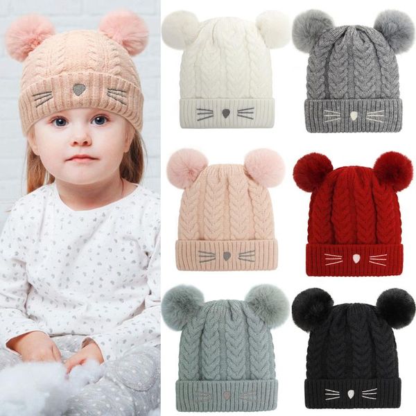 

caps & hats ly baby winter warm lovely cat embroidery knitted woolen ball hat cotton lining soft toddler kids cap, Yellow