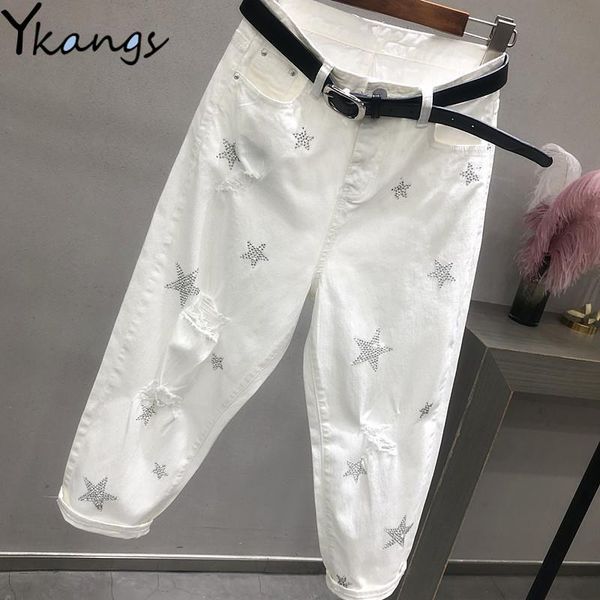

women's jeans plus size high waist hole loose white women vintage autumn korea fashion denim pants stars rhinestones casual harem, Blue
