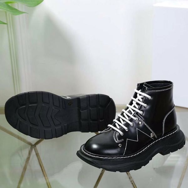 

womens designer tread lace up boots autumn winter fashion platform round toe ankle short boot, Black