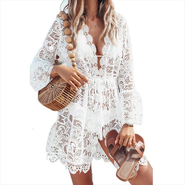 

lace v neck mini boho womens dress evening party summer beach short sundress mesh bikini swimwear cover up vestidos, Black;gray
