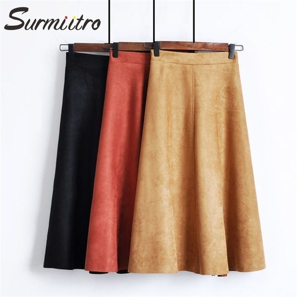 

surmiitro suede velvet midi skirt women for spring autumn winter korean style high waist red yellow blue skirt female 210311, Black