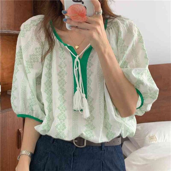 

women's knits & tees india folk retro printed chic tassel femme loose-fitting blouses 2021 summer casual all match prom shirts top, White