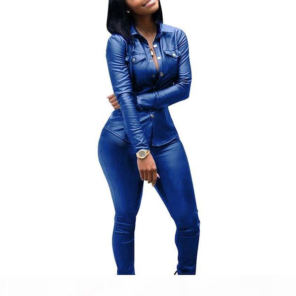 

fashion women bodycon pu leather and pants long sleeves turn-down collar button two piece set 2 piece outfits streetwear y200110, White