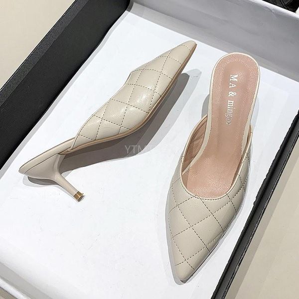 

slippers 2021 pointed toe women pumps thin heel summer shoes solid design casual wear sandals zapatillas mujer casa, Black