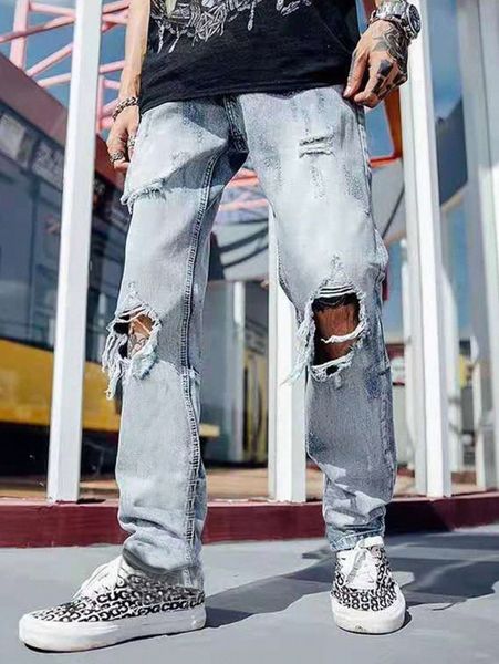 

men ripped bleach wash straight leg jeans n9ty#, Blue