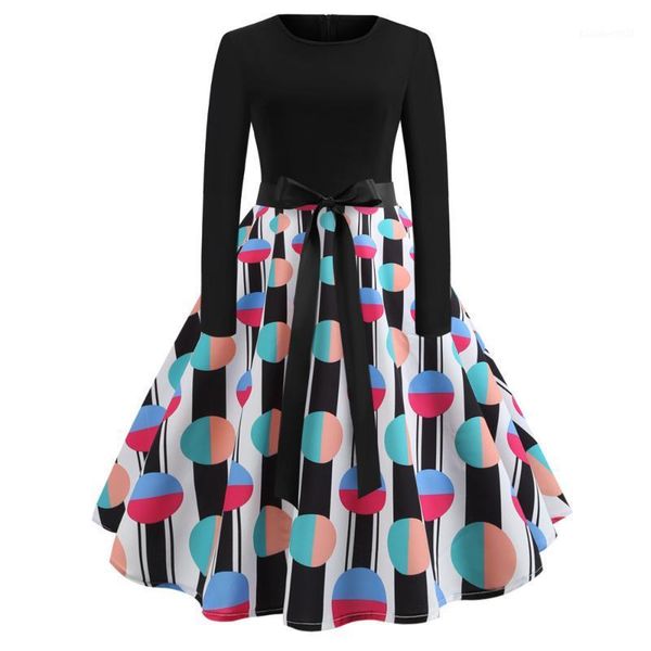 

casual dresses womens black retro long sleeve round neck color print a-line tea dress, Black;gray